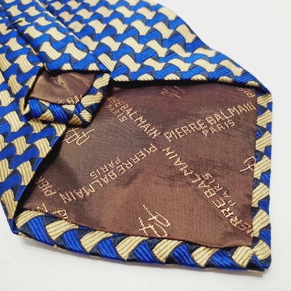 Pierre Balmain Necktie Blue & Gold Geometric Silk Neck Tie Jacquard Fabr… - Picture 4 of 5
